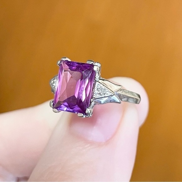 HDS 10K Purple Sapphire Diamond Art Deco style vintage lab created gold …​ - Picture 7 of 11